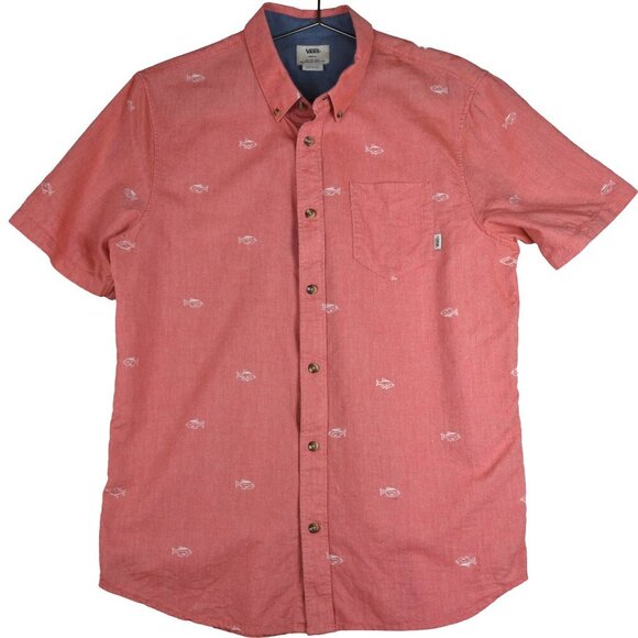 VANS Men's Button Up Shirt Oxford fabric Red Fish All Over Print Size Small - Picture 2 of 9